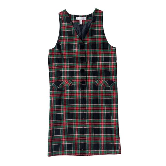 Vintage Sleeveless Dress Karen Scott Plaid Button Front Small 1980s Red Green - Picture 2 of 7
